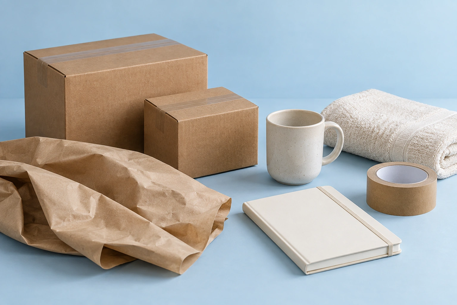 Plain cartons, packing materials and everyday goods arranged on a tabletop