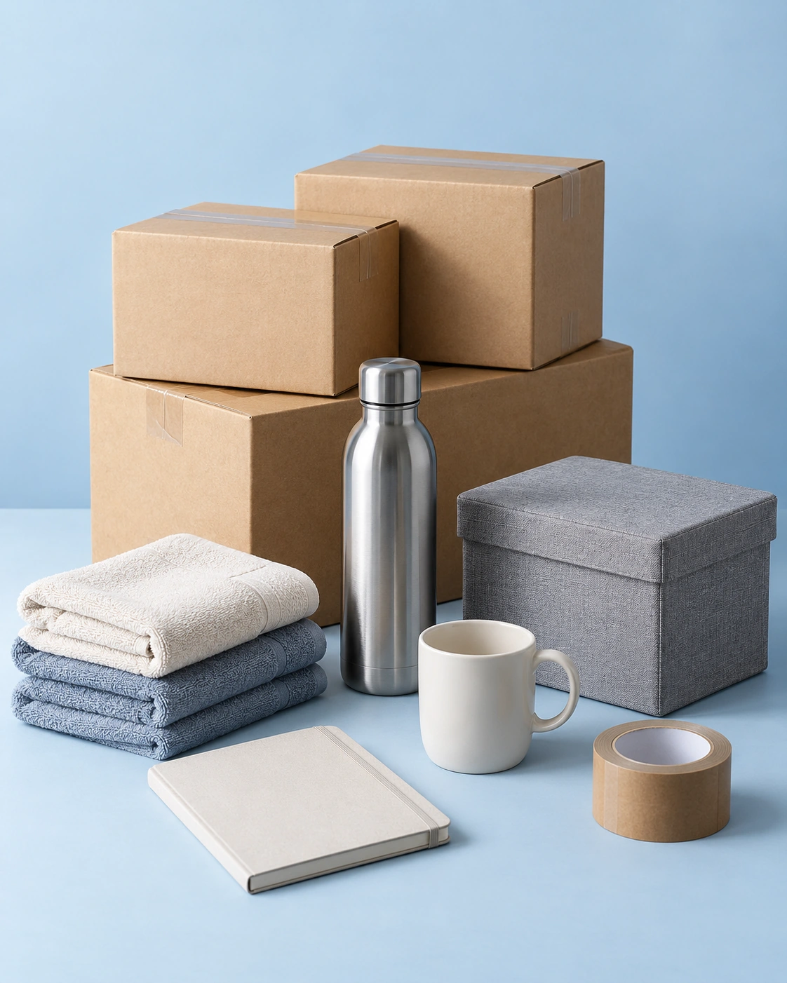 An illustrative selection of everyday goods with plain packing cartons on a blue background